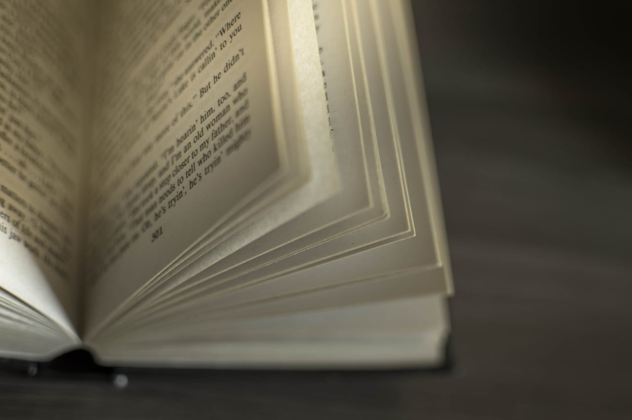 Aufgeschlagenes Buch mit eng bedruckten Seiten, die Blätter wölben sich in der Mitte auf